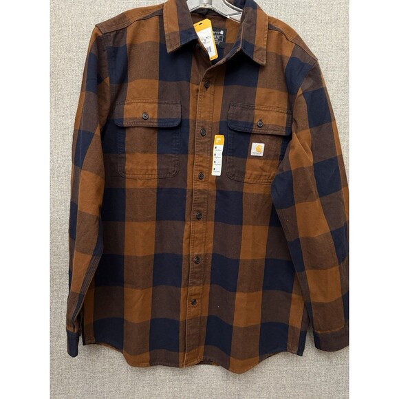 Carhartt Mens Flannel Long Sleeve Plaid Shirt Brown Loose Fit Medium M NWT $49 - Picture 2 of 7